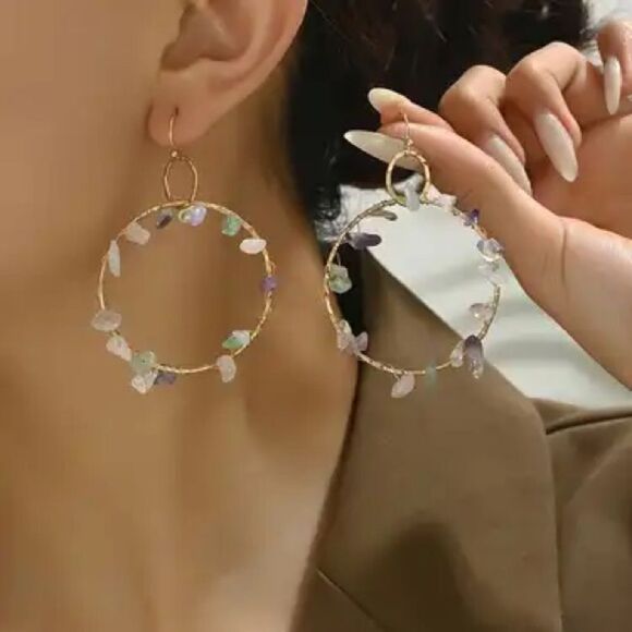 Gold Hoop Earrings with Multicolor Stones - Picture 1 of 6